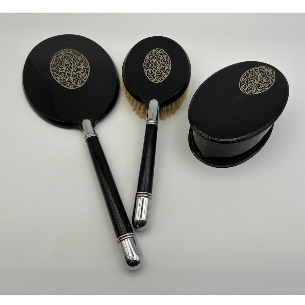 Vintage Black Vanity Set 3pc Mirror Hairbrush Trinket Box Filigree Tree Design